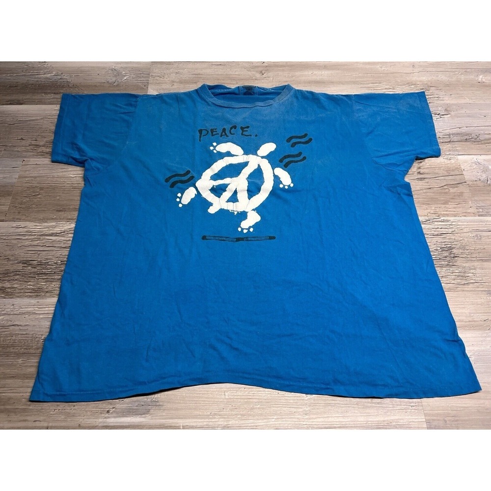 Vintage 80s Turtle Graphic T-Shirt Peace Hippie Single Stitch Blue Size XL Boxy